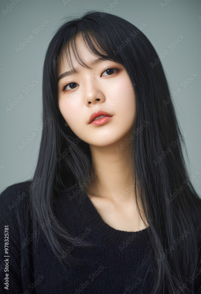 photography of beautiful female model with long black hair, wearing a black sweater. Generative AI photography of beautiful female model with long black hair, wearing a black sweater. Generative AI
