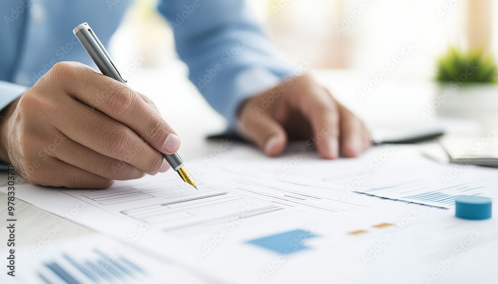 A business professional analyzing documents and charts with a pen, showcasing data assessment and strategic planning. A business professional analyzing documents and charts with a pen, showcasing data assessment and strategic planning.