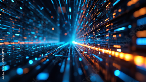 Abstract futuristic technology abstract background with lines for network big data data center server internet speed dark blue and gold neon lights into digital technology tunnel