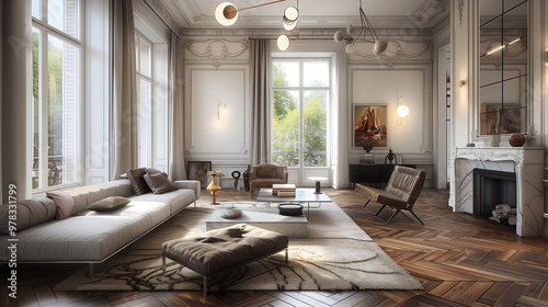 Sophisticated spaces with classic Parisian details like herringbone wood floors, ornate moldings, marble fireplaces, and a mix of vintage and modern furniture. Parisian Chic living room interior 