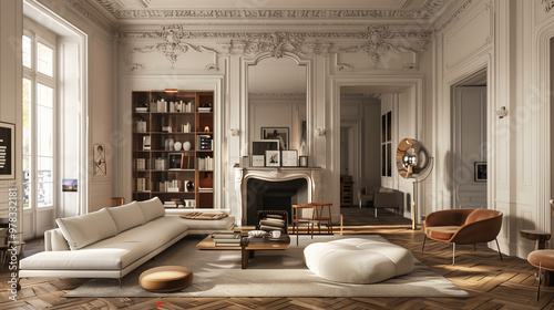 Sophisticated spaces with classic Parisian details like herringbone wood floors, ornate moldings, marble fireplaces, and a mix of vintage and modern furniture. Parisian Chic living room interior 