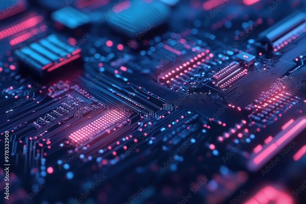 A close-up of a vibrant circuit board, showcasing intricate designs and glowing lights in a captivating technological setting. A close-up of a vibrant circuit board, showcasing intricate designs and glowing lights in a captivating technological setting.