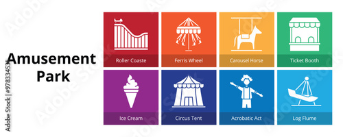 Amusement Park Glyph Solid Banner Web Icon Set Vector Illustration, Roller Coaster Ferris Wheel Carousel Horse Ticket Booth Ice Cream Circus Tent Acrobatic Act Log Flume