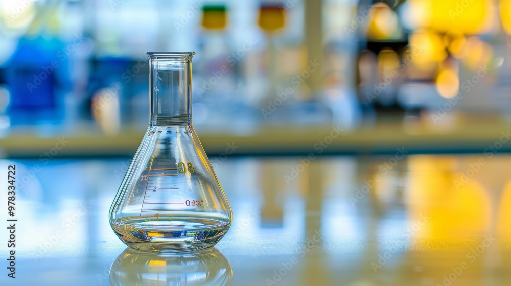 Close-up of glass beaker with clear liquid and floating indicator showing high lead levels, set on white countertop with copy space for text or design.
