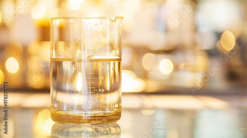 Close-up of glass beaker with clear liquid and floating indicator showing high lead levels, set on white countertop with copy space for text or design.