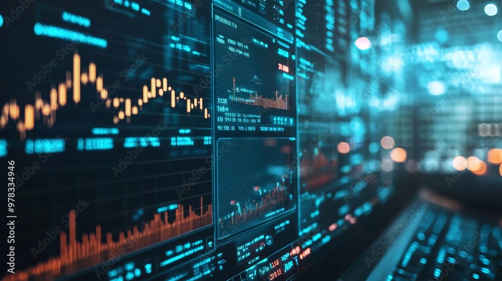 Stock market data on glowing screens in a financial office Stock market data on glowing screens in a financial office