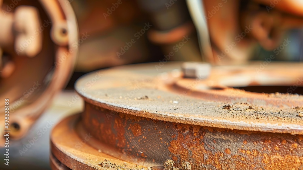 Close-up of worn brake disc with visible rust, indicating defect in vehicle maintenance, set in mechanic's workshop environment. Close-up of worn brake disc with visible rust, indicating defect in vehicle maintenance, set in mechanic's workshop environment.