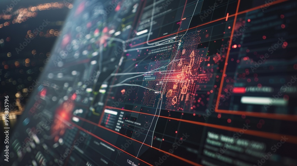 Futuristic digital interface with real-time crime prediction data, map highlighting high-risk areas and crime trends, clean dark background emphasizing advanced technology. Futuristic digital interface with real-time crime prediction data, map highlighting high-risk areas and crime trends, clean dark background emphasizing advanced technology.