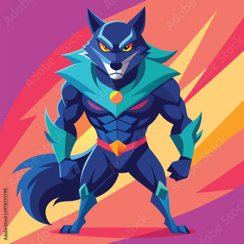 Wolf superhero, Shadow Wolf Protector of the Night, isolated on dynamic and vibrant vector illsutration