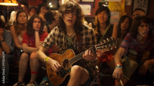 Young musician performing on stage with guitar, captivating audience in intimate venue. Indie artist's connection with fans, capturing the essence of indie success.