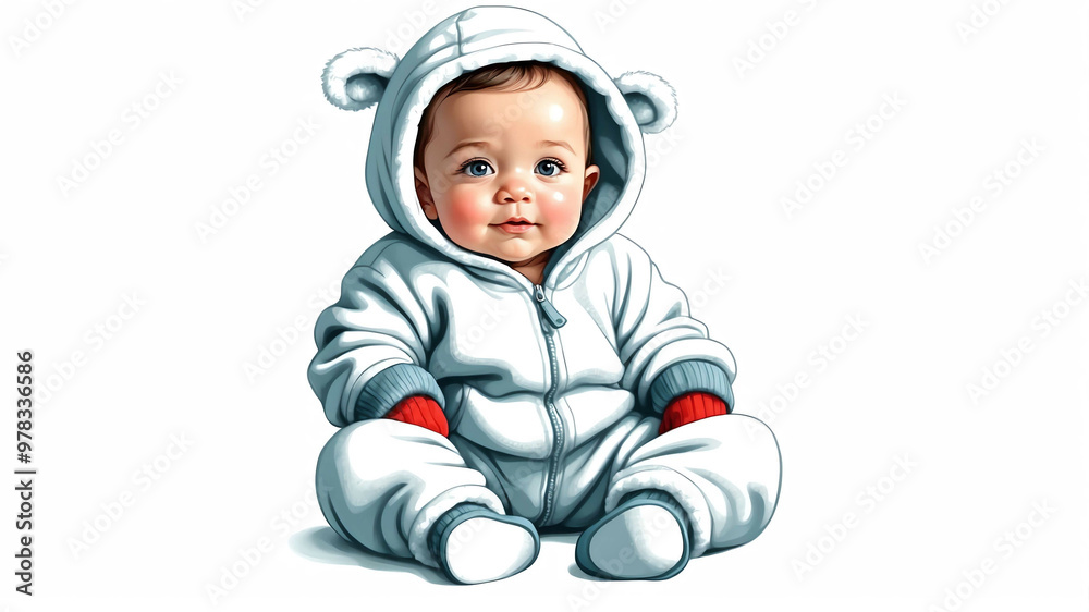 Baby wearing fleece onesie and mittens on plain white background Baby wearing fleece onesie and mittens on plain white background