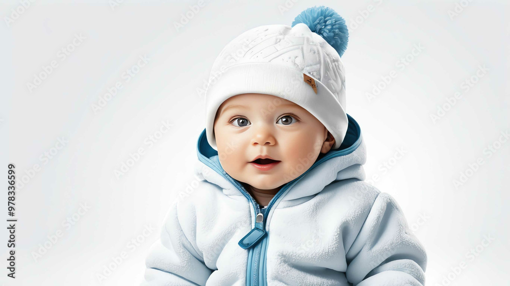 Baby wearing fleece snowsuit and hat on plain white background Baby wearing fleece snowsuit and hat on plain white background