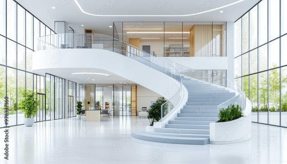 Fototapeta premium Modern Office Lobby with Curved Staircase and Glass Walls