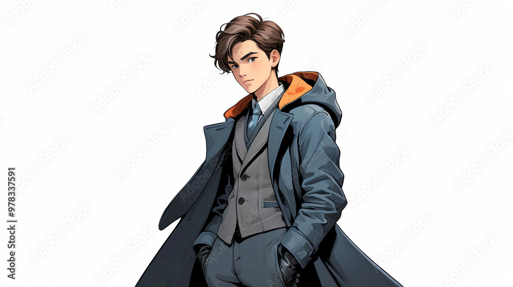 Boy wearing long coat and gloves on plain white background Boy wearing long coat and gloves on plain white background