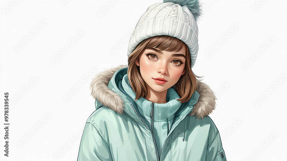 Girl wearing knit hat and jacket on plain white background Girl wearing knit hat and jacket on plain white background