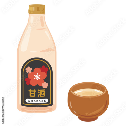瓶に入った甘酒と湯呑みに入った甘酒