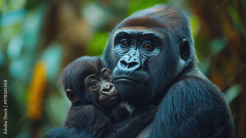 Obraz premium Close-up of a gorilla mother holding her baby in the jungle, featuring professional color grading, soft shadows, low contrast, and clean, sharp focus digital photography.