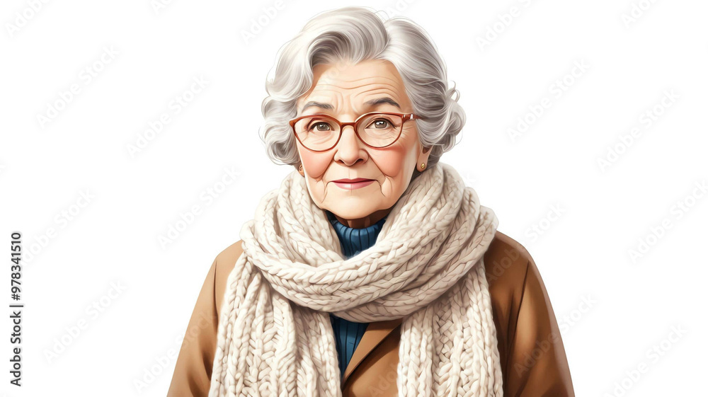 Grandmother wearing knitted scarf and wool coat on plain white background Grandmother wearing knitted scarf and wool coat on plain white background