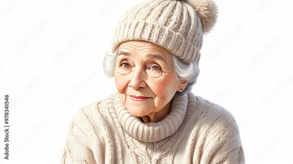 Grandmother wearing knitted sweater and hat on plain white background