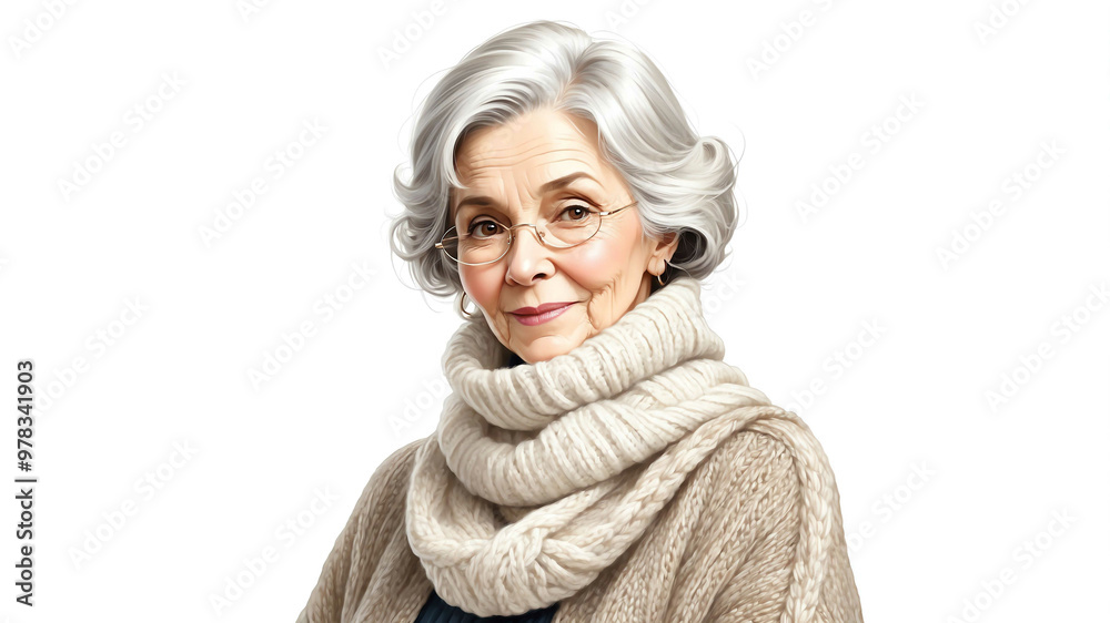 Grandmother wearing turtleneck and wool shawl on plain white background Grandmother wearing turtleneck and wool shawl on plain white background