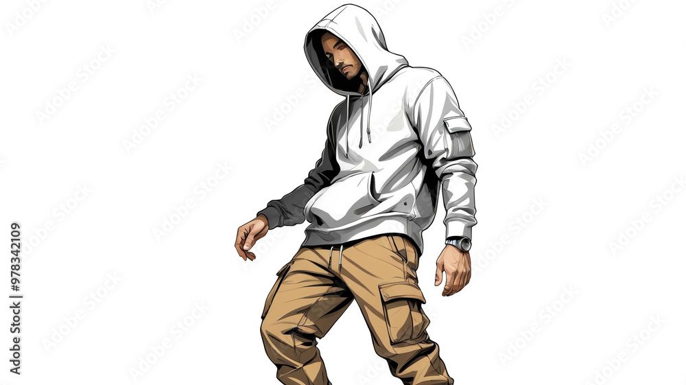 Man wearing hoodie and cargo pants on plain white background Man wearing hoodie and cargo pants on plain white background