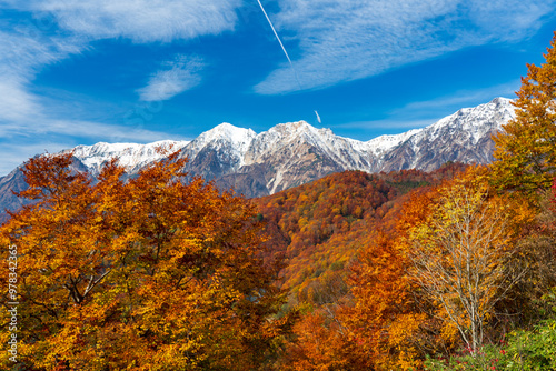 白馬三山を望む栂池高原の秋の三段紅葉