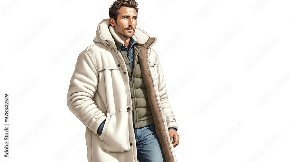 man wearing sherpalined coat and boots on plain white background man wearing sherpalined coat and boots on plain white background