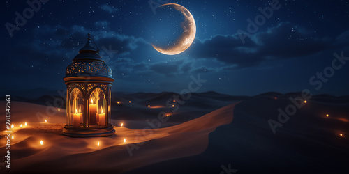 Ornamental Arabic lantern with burning candle glowing on the beach with crescent moon on the night