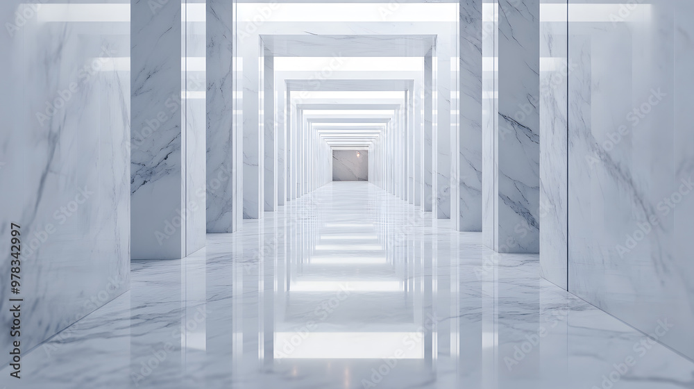 Fototapeta premium A long, white marble corridor with a series of rectangular openings on either side, creating a sense of depth and perspective.