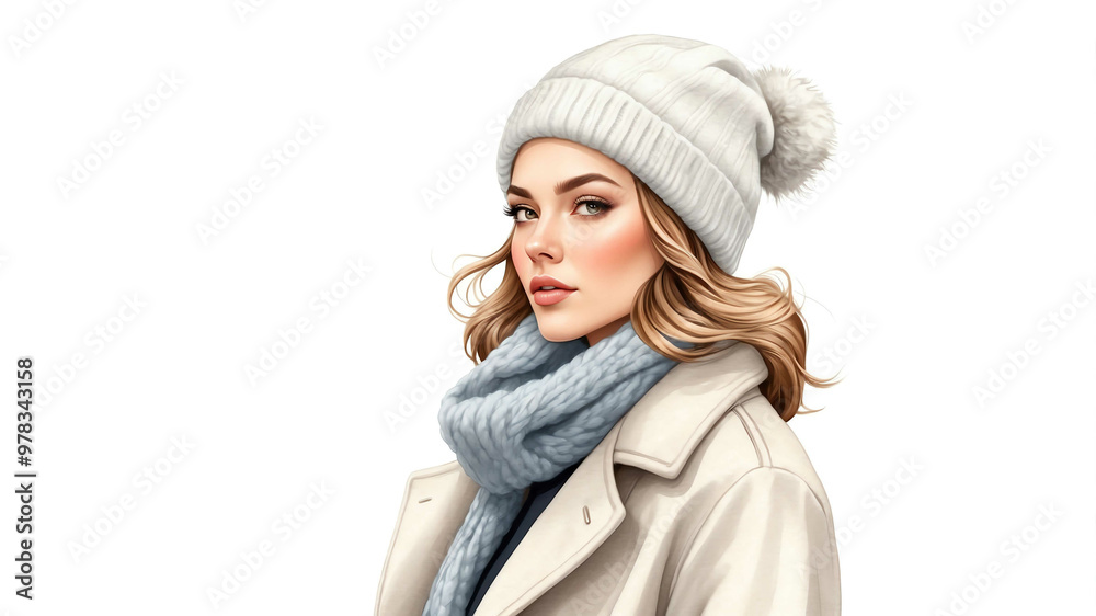 Woman wearing beanie and wool coat on plain white background Woman wearing beanie and wool coat on plain white background