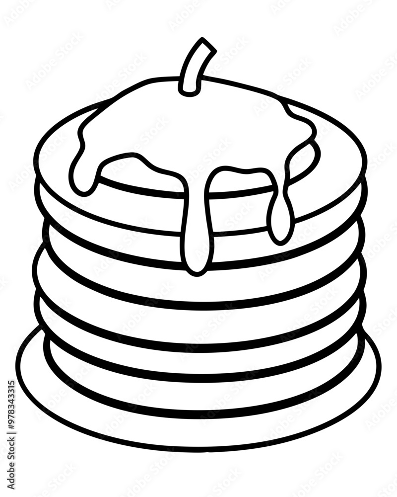 Line art of stacked pancakes with dripping syrup and a small pat of butter on top. Vector illustration
Line art of stacked pancakes with dripping syrup and a small pat of butter on top. Vector illustration