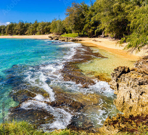 Fototapeta Naklejka Na Ścianę i Meble -  Waves Crashing Over Exposed Coral Reef on Kawailoa Bay Beach, Mahaulepu Heritage Trail, Poipu, Kauai, Hawaii, USA