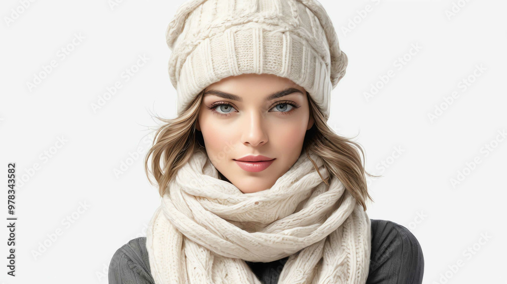woman wearing scarf hat and gloves on plain white background woman wearing scarf hat and gloves on plain white background