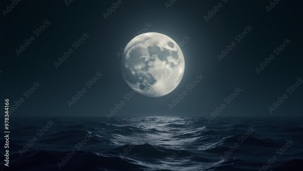 gleaming full moon with every crater and texture meticulously rendered hangs low in a serene night sky its silvery light dancing across undulating waves that stretch towards the horizon gleaming full moon with every crater and texture meticulously rendered hangs low in a serene night sky its silvery light dancing across undulating waves that stretch towards the horizon