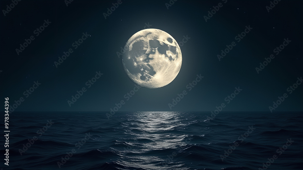 gleaming full moon with every crater and texture meticulously rendered hangs low in a serene night sky its silvery light dancing across undulating waves that stretch towards the horizon gleaming full moon with every crater and texture meticulously rendered hangs low in a serene night sky its silvery light dancing across undulating waves that stretch towards the horizon