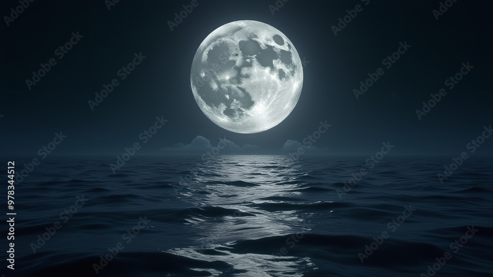 gleaming full moon with every crater and texture meticulously rendered hangs low in a serene night sky its silvery light dancing across undulating waves that stretch towards the horizon gleaming full moon with every crater and texture meticulously rendered hangs low in a serene night sky its silvery light dancing across undulating waves that stretch towards the horizon