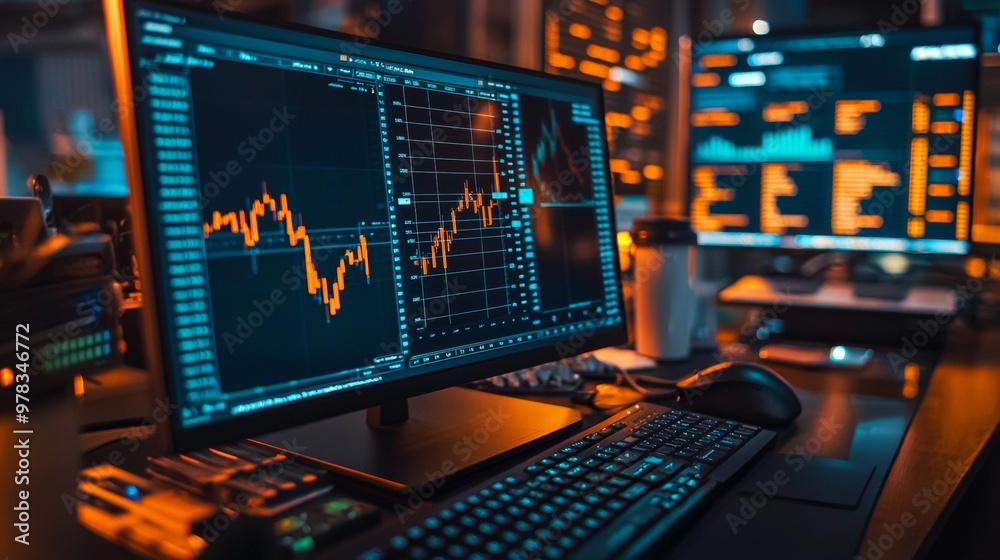 Stock market trading desk with graphs on dual monitors Stock market trading desk with graphs on dual monitors