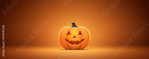 A cheerful Halloween pumpkin with a smiling face, set against a warm orange background, perfect for festive imagery.