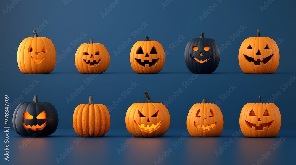 A collection of carved pumpkins with various spooky faces, perfect for Halloween decor and seasonal celebrations. A collection of carved pumpkins with various spooky faces, perfect for Halloween decor and seasonal celebrations.