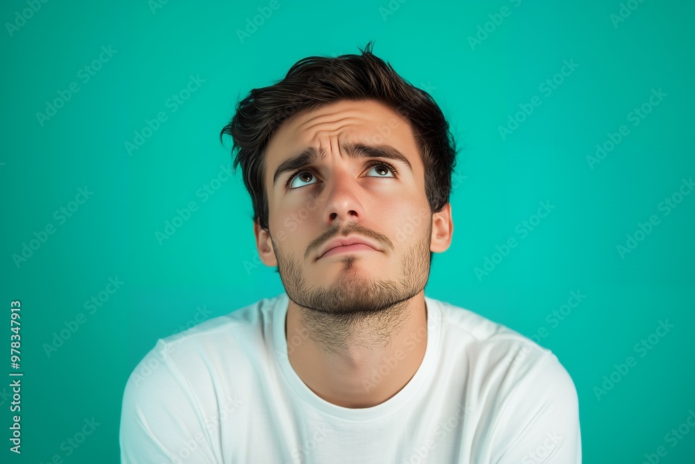 Fototapeta premium Thoughtful young man looking up against a bright turquoise background