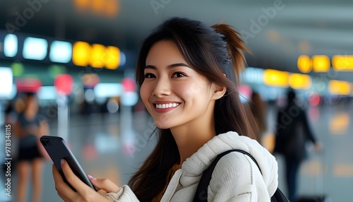 Joyful woman engages with mobile phone at airport, embodying the spirit of AI-enhanced connectivity. photo