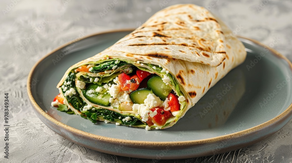 Close-Up of Grilled Vegetable Wrap with Feta on Grey Background Close-Up of Grilled Vegetable Wrap with Feta on Grey Background