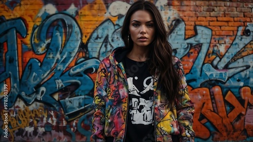 A teenage woman in casual jeans stands against a colorful graffiti wall, embodying urban fashion and youthful style