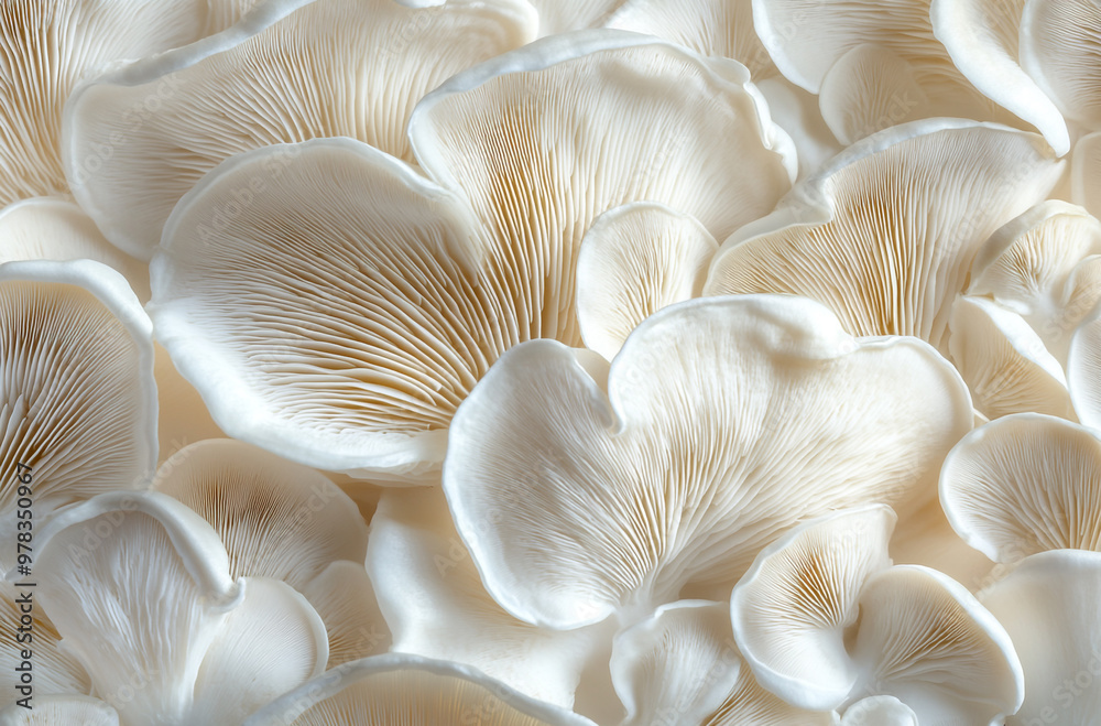 Close-up of white oyster mushrooms arranged in a pattern on a clean background Close-up of white oyster mushrooms arranged in a pattern on a clean background