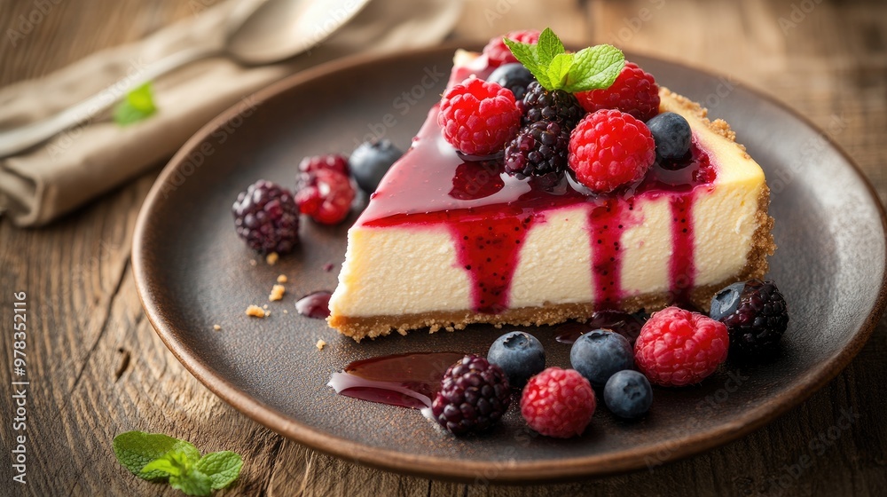 A slice of cheesecake topped with fresh berries and a drizzle of fruit sauce, set on a rustic wooden table. A slice of cheesecake topped with fresh berries and a drizzle of fruit sauce, set on a rustic wooden table.