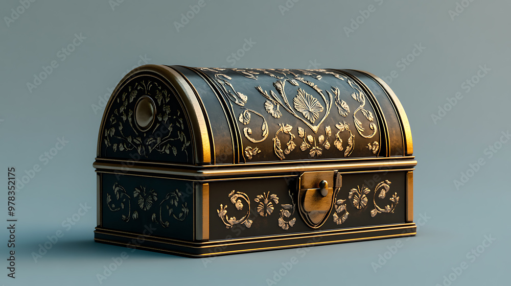 A black treasure chest with gold accents and ornate floral designs. The chest is closed and has a brass lock and hinge. A black treasure chest with gold accents and ornate floral designs. The chest is closed and has a brass lock and hinge.