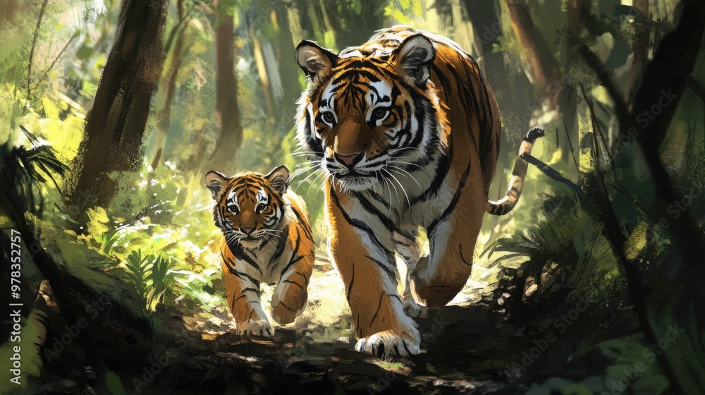 Fototapeta premium A tiger cub following closely behind its mother through the forest, learning the ways of the wild.