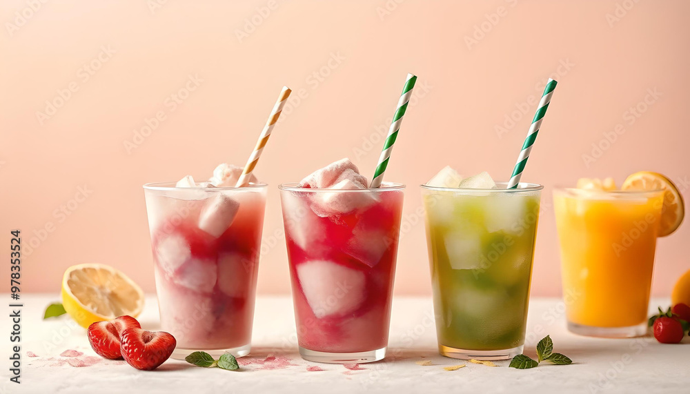 A panoramic still life of vibrant ice cream slush and frozen fruit granitas flowing into plastic cups with ice cream straws, offering a creative, refreshing visual delight A panoramic still life of vibrant ice cream slush and frozen fruit granitas flowing into plastic cups with ice cream straws, offering a creative, refreshing visual delight