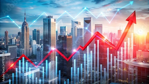 Cityscape with Red Arrow Chart.