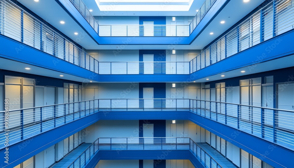 Interior View of a Modern Building with Blue Walls and Metal Railings Interior View of a Modern Building with Blue Walls and Metal Railings